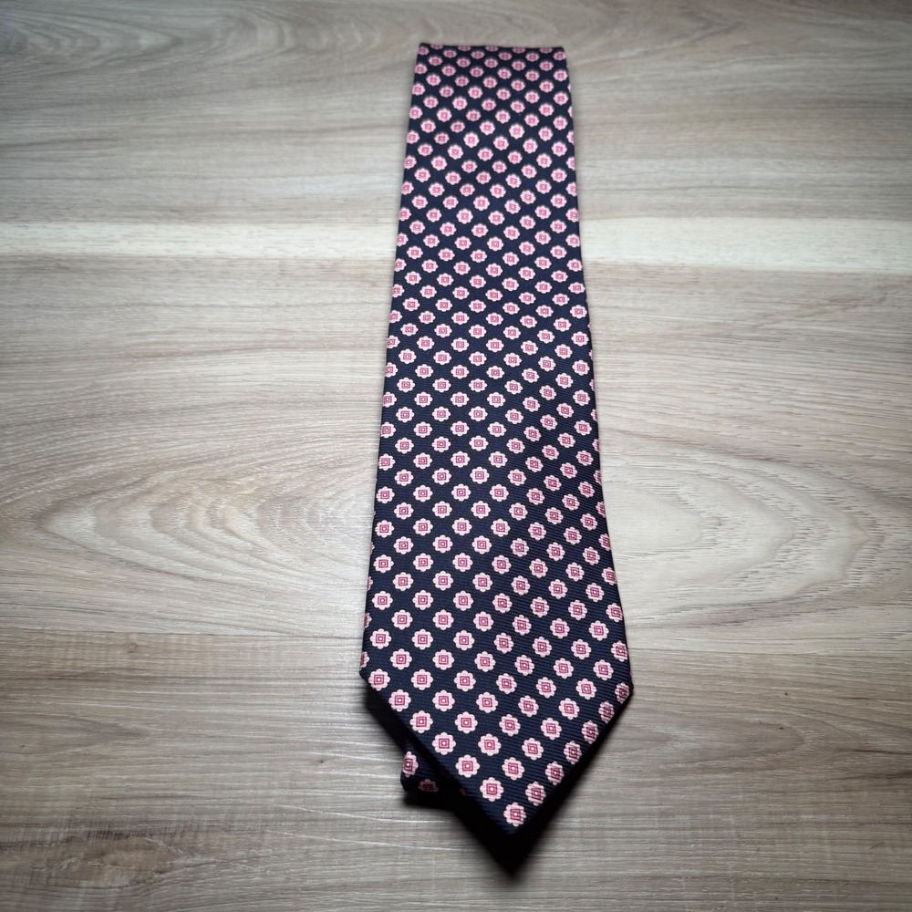Brooks Brothers Tie Mens Navy Pink Geometric Medallion Silk USA Made Makers